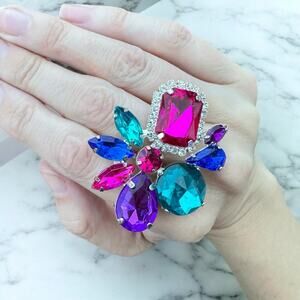 Oversized Jewel Tone  Rhinestone Cluster Ring Statement Magenta Teal Drag Sz 8